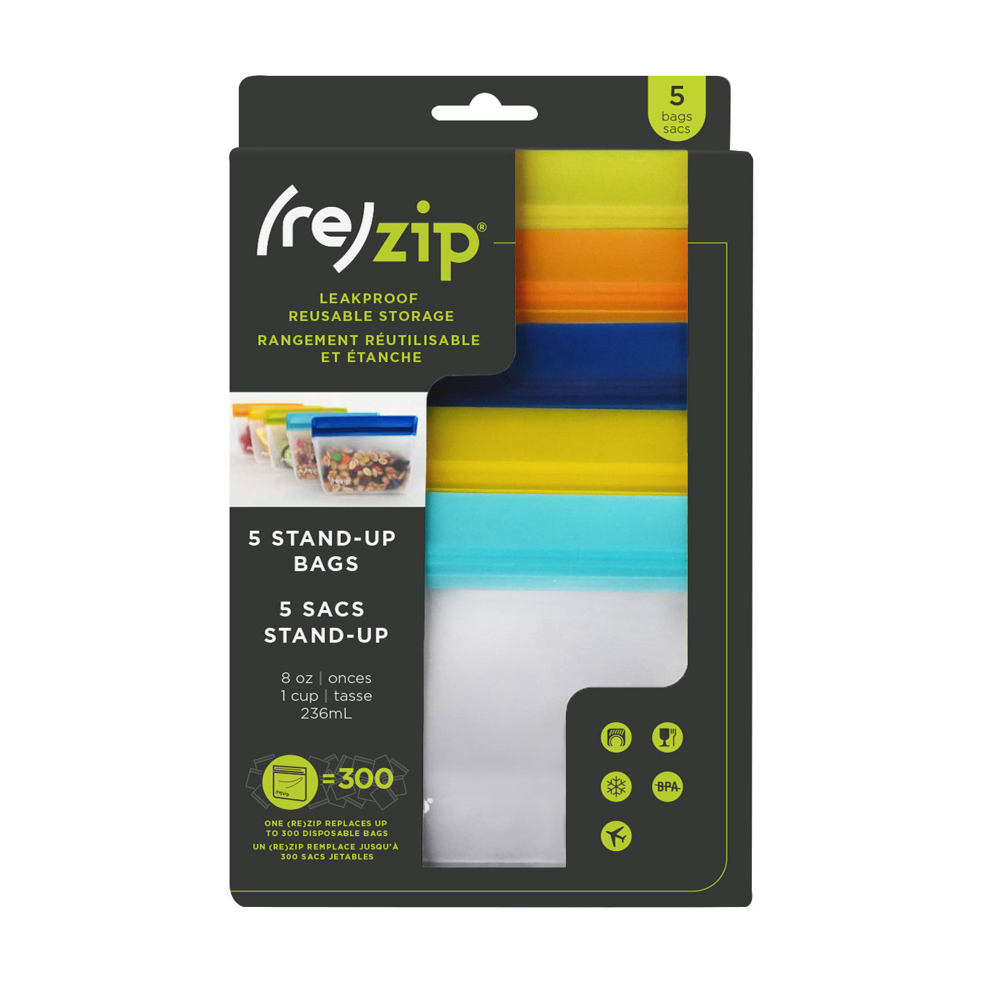 rezip (re)zip Stand-Up 1-cup | 8-ounce Leakproof Reusable Storage Bag 5-pack