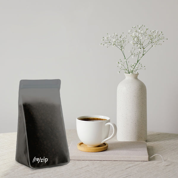 rezip tall pantry reusable airtight storage bag in gray locks air out and minimizes light exposure coffee keeping beans fresher longer.