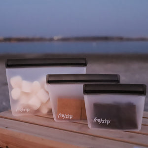 smores on the beach with rezip reusable food storage snack, 1/2 quart and quart bags